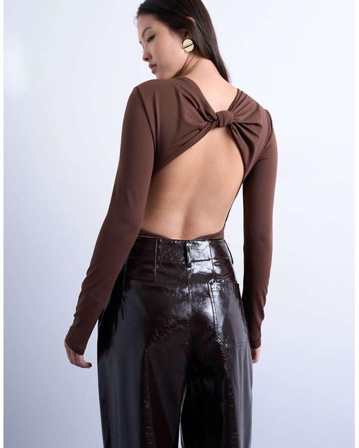 TOPSHOP White Slinky Long Sleeve Knot Back Detail Bodysuit