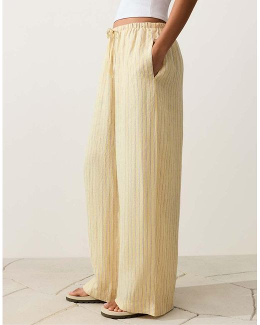 Oysho Natural 100% Linen Straight-Leg Trousers With Seam Detail