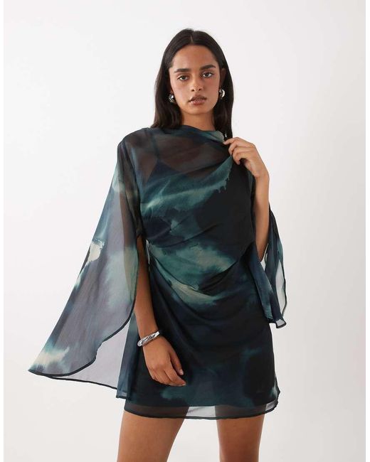 ASOS Blue High Neck Drape Front Extreme Cape Sleeve Mini Dress