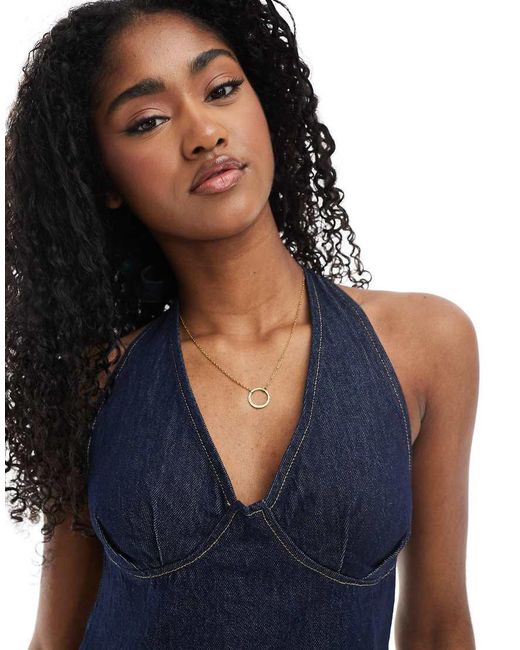 ASOS Blue Denim Halter Dress With Dart Detail