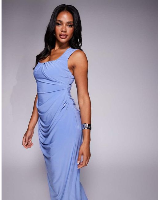 ASOS Blue Shaped Neckline Wide Strap With Draped Skirt Midi Dress