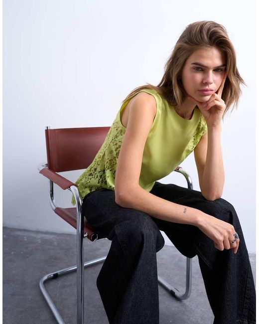 TOPSHOP Green Lace Insert Grown On Shoulder Top