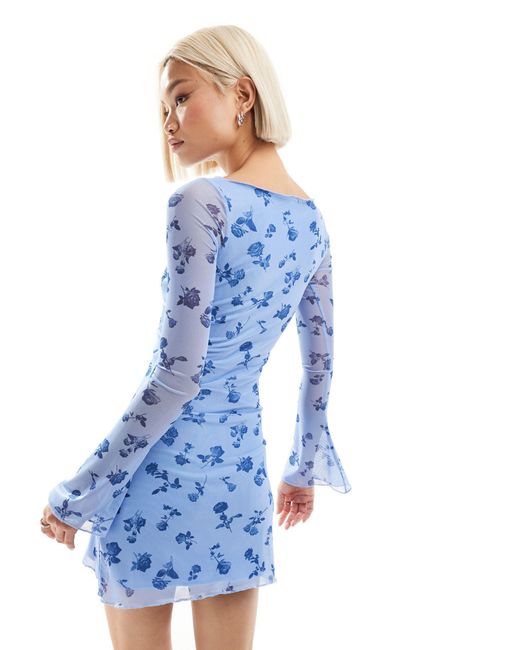 Motel Blue Flocked Long Sleeve Mini Dress