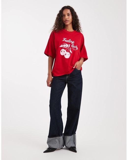 The Frolic Red Cotton Rich 'feeling Lucky' Cherry Graphic Oversized T-shirt