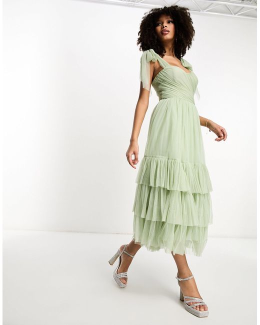 LACE & BEADS Green Exclusive Tie Shoulder Tiered Midi Dress