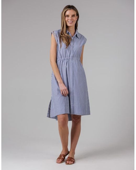 French Connection Blue Cotton Blend Striped Sleeveless Midi Collared Shirt Dress