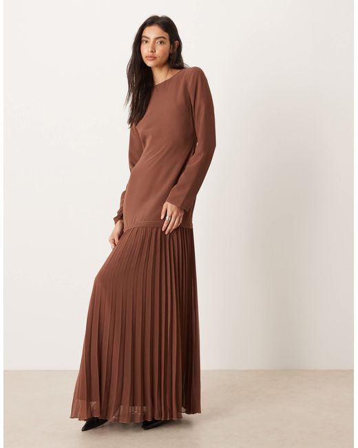 ASOS Brown Long Sleeved Pleated Skirt Maxi Dress