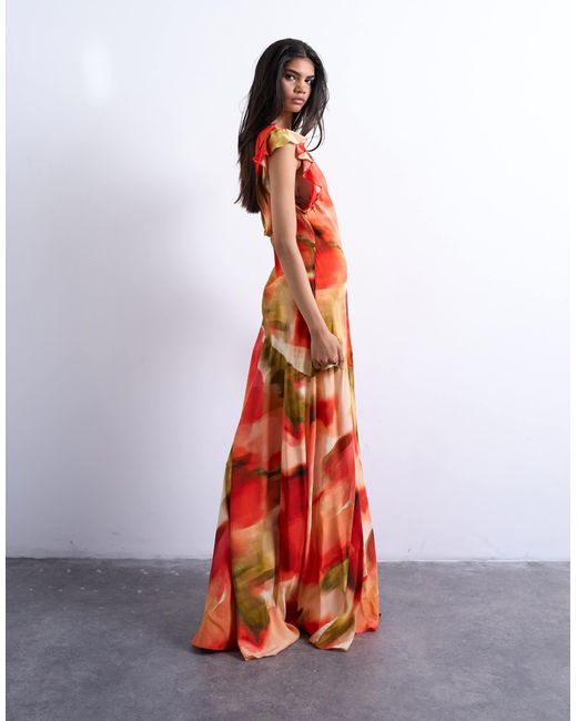 TOPSHOP Red Cowl Back Flutter Sleeve Maxi Dress