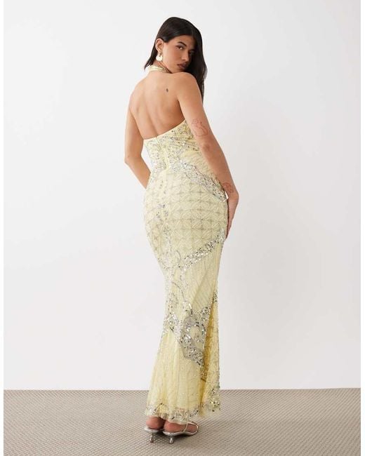 Beauut Natural Fully Embellished Beaded Plunge Halter Neck Maxi Dress