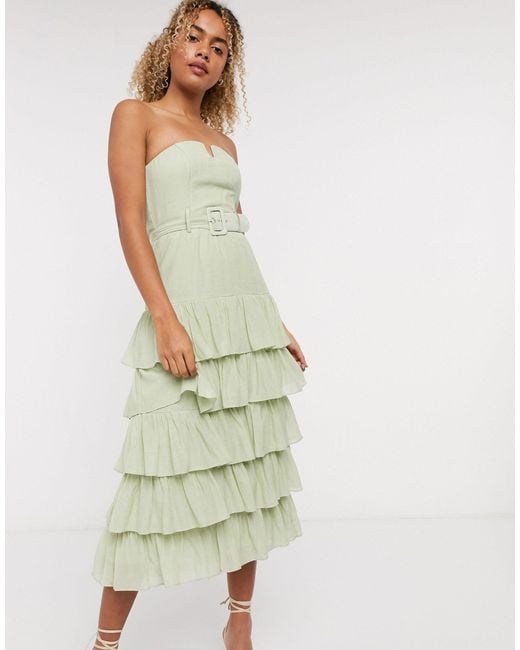 & Other Stories Green Ruffled Strapless Midi Dress