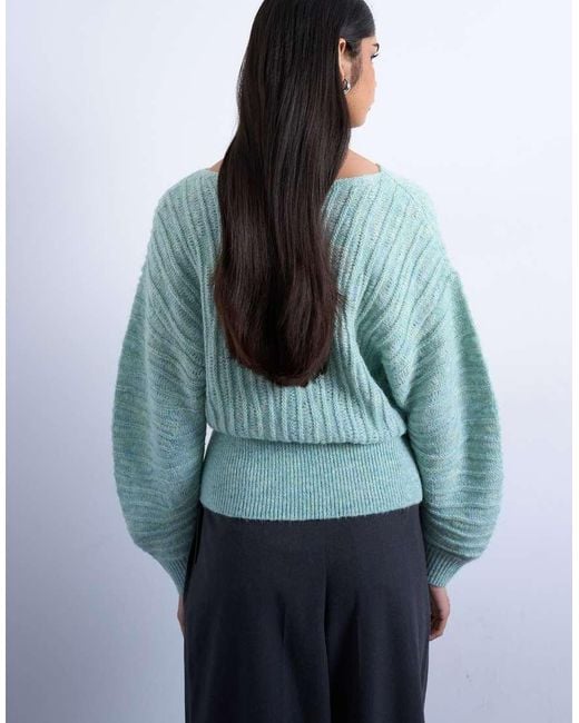 TOPSHOP Blue Knitted Slash Neck Wave Textured Jumper