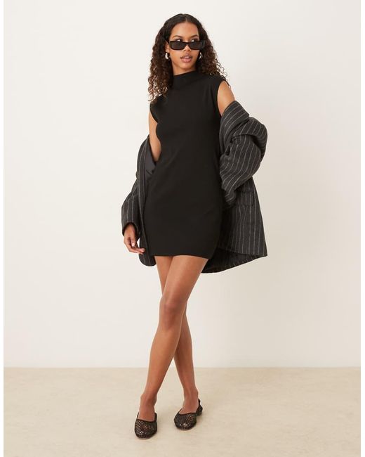 Mango Black Cap Sleeve High Neck Mini Dress