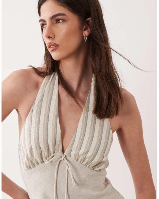 ASOS Natural Halter Neck Linen Look Slip Maxi Sundress With Stripe Bust