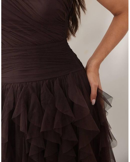 LACE & BEADS Brown Bridesmaid One Shoulder Waterfall Ruffle Maxi Dress