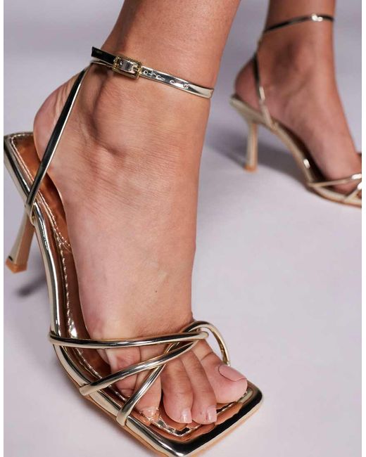 Public Desire Pink Fizzy Mirror Pu Square Toe Padded Insole Strappy Barely There