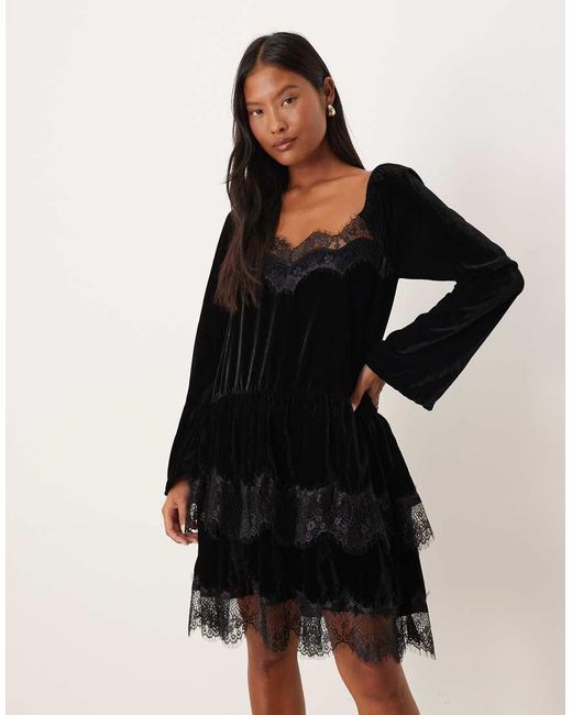 ASOS Black Asos Design Petite Long Sleeve Sweetheart Neckline Velvet Mini Dress