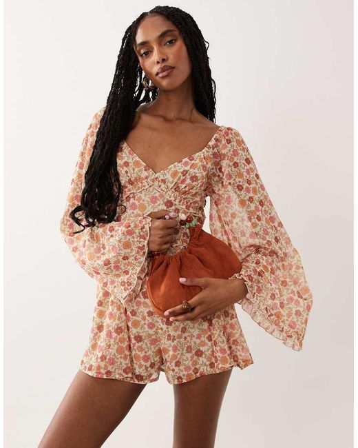 Miss Selfridge Brown Chiffon Long Sleeve Playsuit