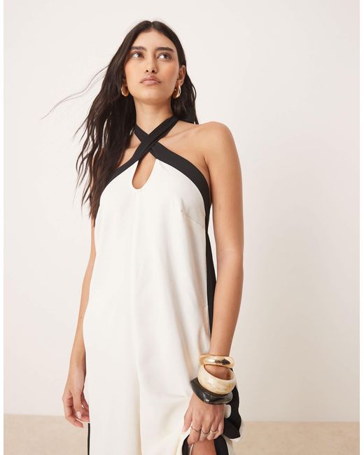 ASOS Natural Cross Halter Contast Split Let Jumpsuit