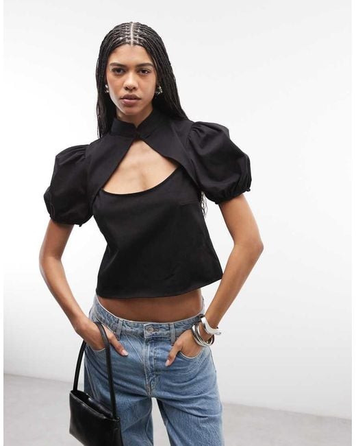 ASOS Black Puff Sleeve Cut Out Mandarin Top