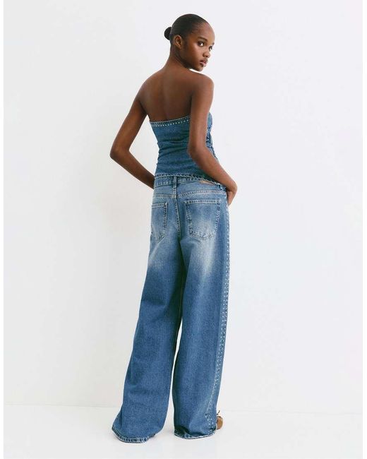 Pull&Bear Blue Studded Wide-Leg Jeans