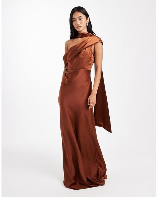 Six Stories Brown Bridesmaid Bow One Shoulder Satin Maxi Dress
