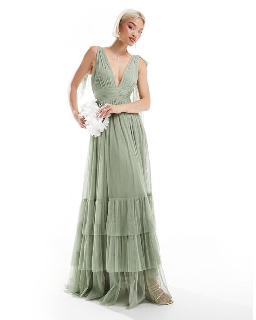 beaded bridesmaid dresses uk Elaine Chiffon Beaded Maxi Dress / Green | MESHKI main image 1
