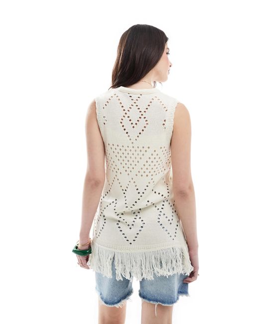 Miss Selfridge Blue Knitted Tie Front Fringed Waistcoat