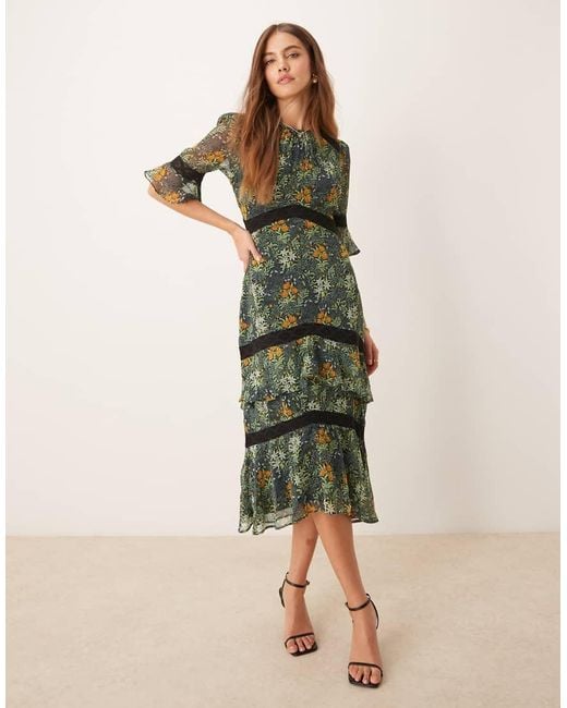 Hope & Ivy Green In Collaboration With The William Morris Society Tiered Hem Midi Dress With Lace Trims In Dark Floral