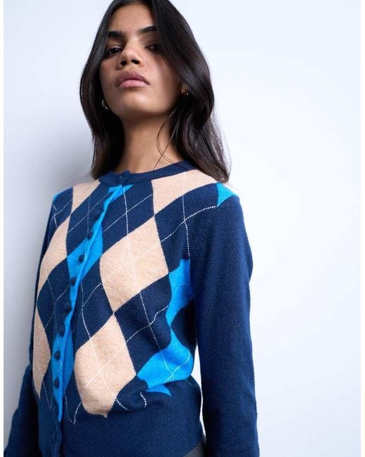 TOPSHOP Blue Knitted Fine Argyle Cardigan