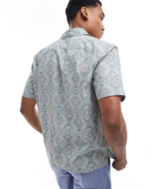 Hollister Blue Short Sleeve Revere Collar Geometric Print Poplin Shirt Boxy Fit for men