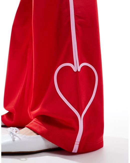 Monki Red Heart Stripe Straight Leg Track Pant Trouser