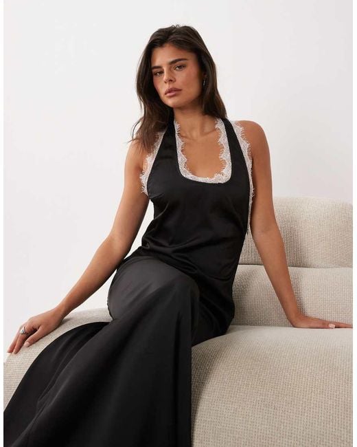 Missy Empire Black Missy Empire Satin Contrast Lace Trim Back Detail Maxi Dress