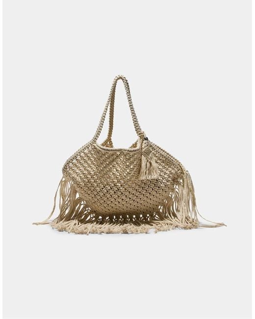 Stradivarius Natural Macramé Fringed Shoulder Bag