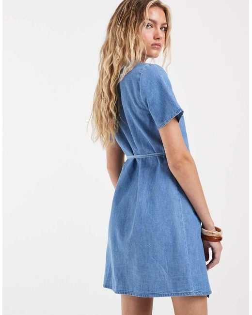 Vero Moda Blue Short Sleeve Wrap Front Denim Mini Dress