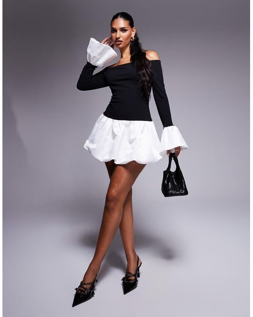HEIRESS BEVERLY HILLS Blue Exclusive Bardot Contrast Puff Sleeve Bubble Hem Mini Dress