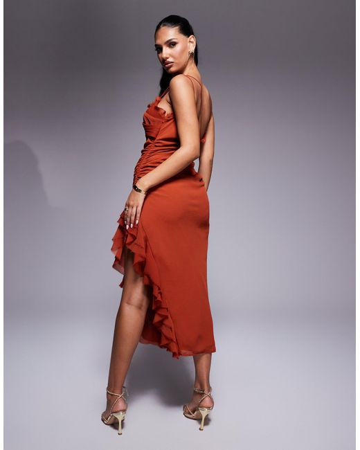 ASOS Red Draped Crinkle Maxi Dress With Ruffles And Strappy Details