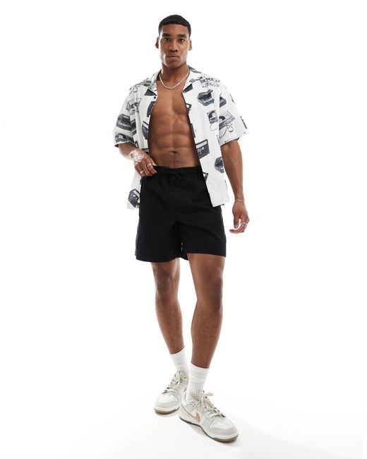 ASOS Black Wide Mid Length Linen Shorts With Elasticated Waist for men