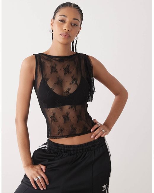 Collusion Black Lace Flutter One Shoulder Top