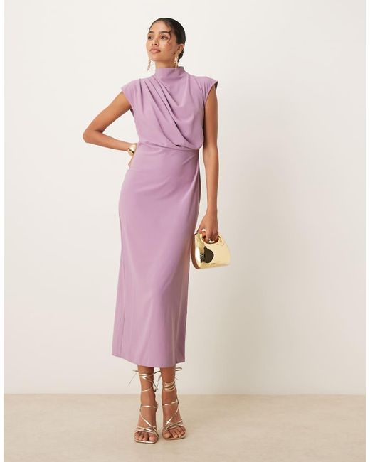 Vestido Midi Sin Mangas Con Cuello Alto Drapeado De -Morado ASOS de color Pink