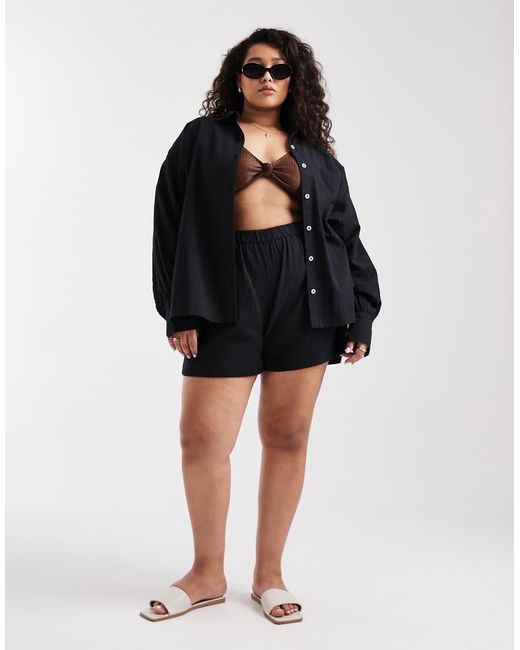 ASOS Black Asos Design Curve Biarritz Beach Textured Cotton Shirt Co Ord