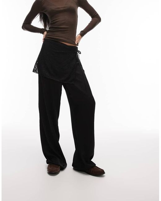 Reclaimed Vintage Blue Wide Leg Satin Trousers With Lace Belt Overlay