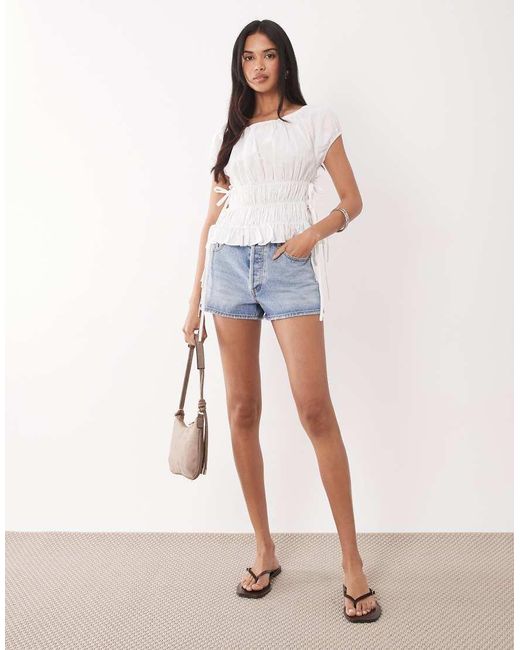 The Frolic White Exclusive Cotton Shirred Tie Side Detail Top
