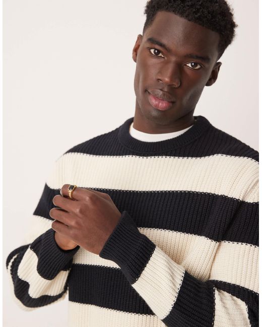 ASOS Natural Oversized Boxy Fit Knitted Fisherman Rib Jumper With Stripe for men