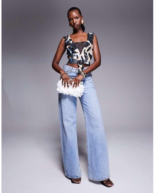 AFRM Blue Ruffle Drape Lace Trim Top