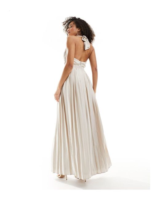 TFNC London White Bridesmaid Satin Pleated Halterneck Maxi Dress With Full Skirt