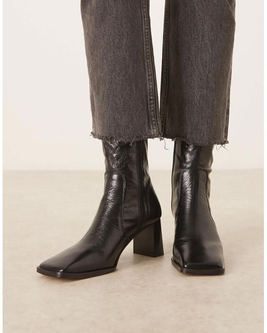 ASOS Black Ramona Leather Square Toe Heeled Ankle Boots