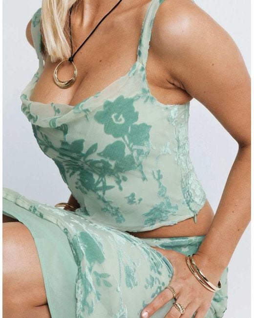 Princess Polly Green Devore Velvet Cowl Neck Top Co-ord