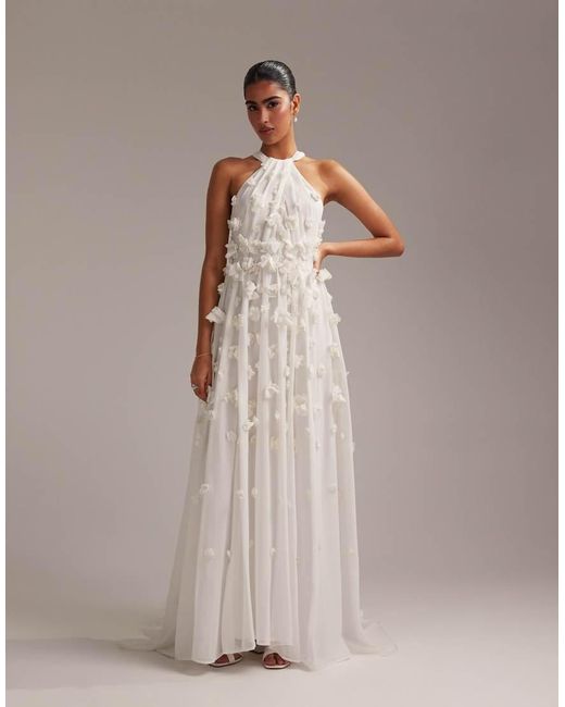 ASOS White 3d Floral Statement Halter Maxi Wedding Dress