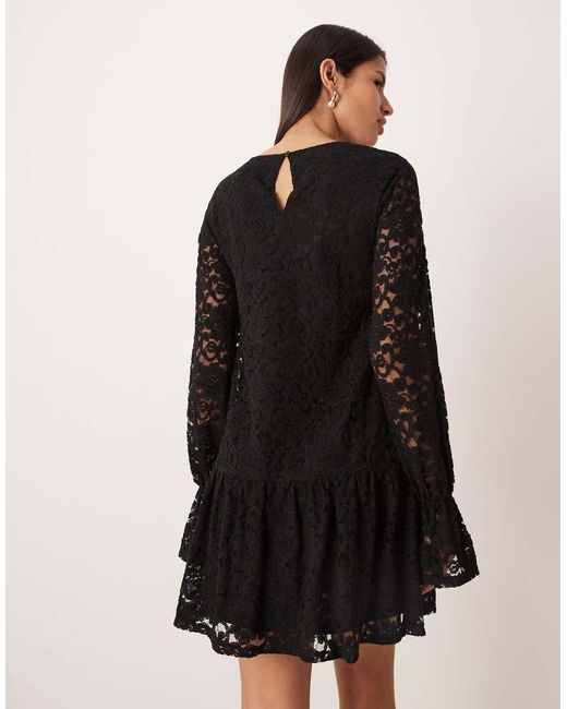 Gina Tricot Black Long Flute Sleeve Mini Lace Dress