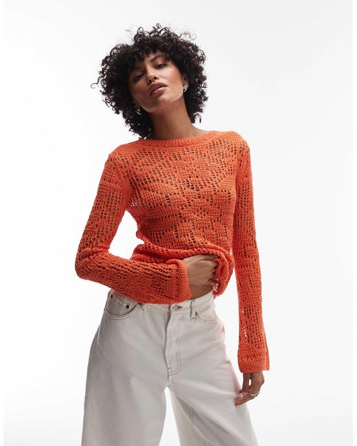 TOPSHOP Red Knitted Slash Neck Lace Long Sleeve Top